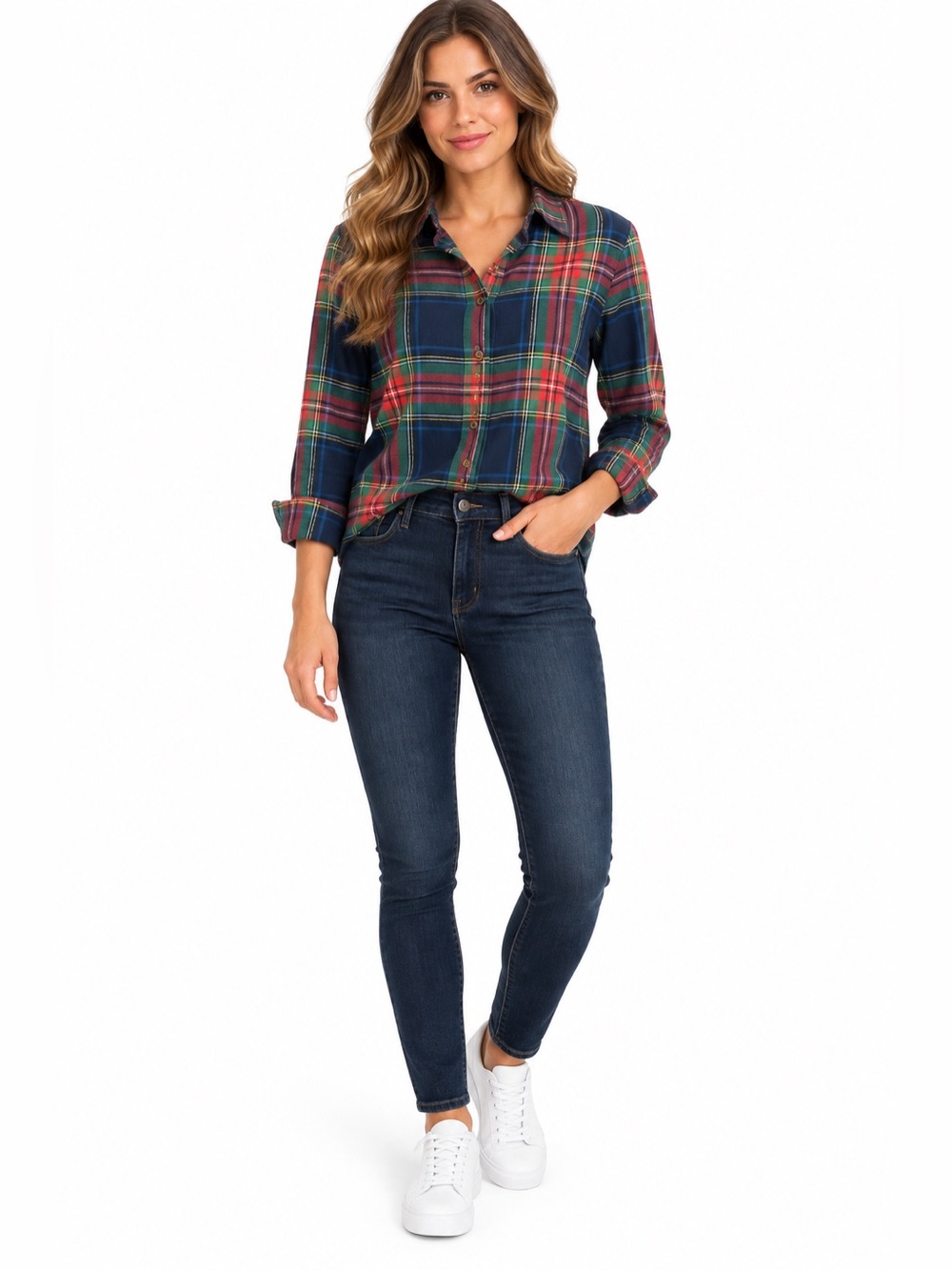 Authentic American Heritage Plaid Button Down Flannel Top Navy Green Red Small